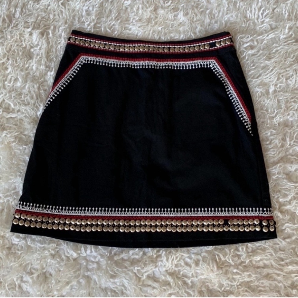 H&M Boho Aztec Tribal Embroidered mini skirt 2/S/XS Black Metal Beaded NeW